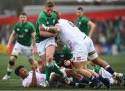 19 March 2023; Paddy McCarthy of Ireland is tackled by Chandler Cunningham-South, right, and Finn Theobald-Thomas of England during the U20 Six Nations Rugby Championship match between Ireland and England at Musgrave Park in Cork. Photo by David Fitzgerald/Sportsfile