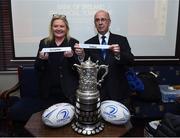 19 March 2023; Debbie Carty President of Leinster Rugby and Pat Carolan chairman of the junior Leinster committee during the Bank of Ireland Provincial Towns Cup Semi Final Draw at Gorey RFC in Wexford. Photo by Matt Browne/Sportsfile