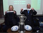 19 March 2023; Debbie Carty President of Leinster Rugby and Pat Carolan chairman of the junior Leinster committee during the Bank of Ireland Provincial Towns Cup Semi Final Draw at Gorey RFC in Wexford. Photo by Matt Browne/Sportsfile