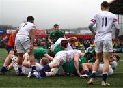 19 March 2023; Brian Gleeson of Ireland, hidden, scores his side's second try during the U20 Six Nations Rugby Championship match between Ireland and England at Musgrave Park in Cork. Photo by David Fitzgerald/Sportsfile