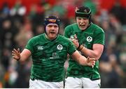 19 March 2023; George Hadden, left, and Conor O’Tighearnaigh of Ireland celebrate winning a penalty during the U20 Six Nations Rugby Championship match between Ireland and England at Musgrave Park in Cork. Photo by David Fitzgerald/Sportsfile