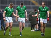 19 March 2023; Limerick players, from left, Gordon Brown, Brian Fanning and Sean O'Dea after the Allianz Football League Division 2 match between Limerick and Kildare at TUS Gaelic Grounds in Limerick. Photo by Tyler Miller/Sportsfile