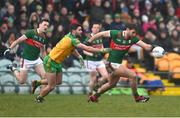 19 March 2023; Aidan O'Shea of Mayo in action against Stephen McMenamin of Donegal during the Allianz Football League Division 1 match between Donegal and Mayo at MacCumhaill Park in Ballybofey, Donegal. Photo by Ramsey Cardy/Sportsfile