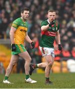 19 March 2023; Ryan O'Donoghue of Mayo after kicking a point during the Allianz Football League Division 1 match between Donegal and Mayo at MacCumhaill Park in Ballybofey, Donegal. Photo by Ramsey Cardy/Sportsfile