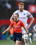 19 March 2023; Assistant Referee Hollie Davidson with Lewis Chessum of England before an England try was disallowed during the U20 Six Nations Rugby Championship match between Ireland and England at Musgrave Park in Cork. Photo by David Fitzgerald/Sportsfile