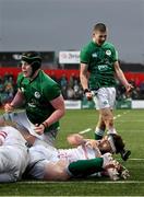 19 March 2023; Sam Prendergast of Ireland, right, celebrates as team mate George Hadden scores their side's third try during the U20 Six Nations Rugby Championship match between Ireland and England at Musgrave Park in Cork. Photo by David Fitzgerald/Sportsfile