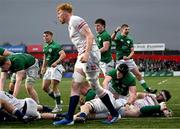 19 March 2023; Sam Prendergast of Ireland, right, celebrates as team mate George Hadden scores their side's third try during the U20 Six Nations Rugby Championship match between Ireland and England at Musgrave Park in Cork. Photo by David Fitzgerald/Sportsfile