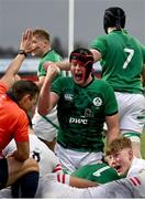 19 March 2023; Brian Gleeson of Ireland celebrates as team mate George Hadden scores their side's third try during the U20 Six Nations Rugby Championship match between Ireland and England at Musgrave Park in Cork. Photo by David Fitzgerald/Sportsfile