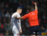 19 March 2023; Referee Adriaan Jacobs shows a red card to Monty Bradbury of England during the U20 Six Nations Rugby Championship match between Ireland and England at Musgrave Park in Cork. Photo by David Fitzgerald/Sportsfile