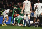 19 March 2023; Fintan Gunne of Ireland scores his side's sixth try during the U20 Six Nations Rugby Championship match between Ireland and England at Musgrave Park in Cork. Photo by David Fitzgerald/Sportsfile