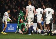 19 March 2023; Fintan Gunne of Ireland scores his side's sixth try during the U20 Six Nations Rugby Championship match between Ireland and England at Musgrave Park in Cork. Photo by David Fitzgerald/Sportsfile