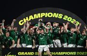 19 March 2023; Ireland captain Gus McCarthy lifts the trophy after the U20 Six Nations Rugby Championship match between Ireland and England at Musgrave Park in Cork. Photo by David Fitzgerald/Sportsfile