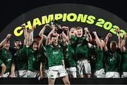 19 March 2023; Ireland captain Gus McCarthy lifts the trophy after the U20 Six Nations Rugby Championship match between Ireland and England at Musgrave Park in Cork. Photo by David Fitzgerald/Sportsfile