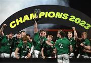 19 March 2023; Brian Gleeson of Ireland, centre, and team mates celebrate with the trophy after the U20 Six Nations Rugby Championship match between Ireland and England at Musgrave Park in Cork. Photo by David Fitzgerald/Sportsfile