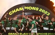 19 March 2023; Brian Gleeson of Ireland, centre, and team mates celebrate with the trophy after the U20 Six Nations Rugby Championship match between Ireland and England at Musgrave Park in Cork. Photo by David Fitzgerald/Sportsfile