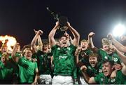 19 March 2023; Ireland captain Gus McCarthy lifts the trophy after the U20 Six Nations Rugby Championship match between Ireland and England at Musgrave Park in Cork. Photo by David Fitzgerald/Sportsfile