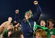 19 March 2023; Ireland kitman Lar Hogan is lifted by the players in celebration after the U20 Six Nations Rugby Championship match between Ireland and England at Musgrave Park in Cork. Photo by David Fitzgerald/Sportsfile