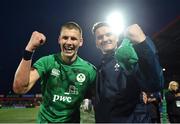 19 March 2023; Sam Prendergast of Ireland celebrates with assistant coach Mark Sexton after the U20 Six Nations Rugby Championship match between Ireland and England at Musgrave Park in Cork. Photo by David Fitzgerald/Sportsfile