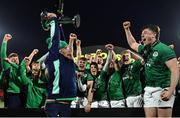 19 March 2023; Ireland players celebrate as kitman Lar Hogan lifts the trophy after the U20 Six Nations Rugby Championship match between Ireland and England at Musgrave Park in Cork. Photo by David Fitzgerald/Sportsfile