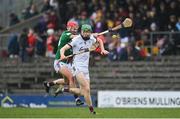 19 March 2023; Cianan Fahy of Galway in action against Shane Clavin of Westmeath during the Allianz Hurling League Division 1 Group A match between Westmeath and Galway at TEG Cusack Park in Mullingar, Westmeath. Photo by Seb Daly/Sportsfile