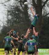 19 March 2023; Stanley Hadden of Gorey RFC wins possession in the a lineout during the Bank of Ireland Provincial Towns Cup Third Round match between Gorey RFC and Kilkenny RFC at Gorey RFC in Wexford. Photo by Matt Browne/Sportsfile