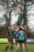 19 March 2023; Stanley Hadden of Gorey RFC wins possession in a lineout during the Bank of Ireland Provincial Towns Cup Third Round match between Gorey RFC and Kilkenny RFC at Gorey RFC in Wexford. Photo by Matt Browne/Sportsfile