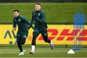 20 March 2023; Matt Doherty, right, and Mikey Johnston during a Republic of Ireland training session at FAI National Training Centre in Abbotstown, Dublin. Photo by Stephen McCarthy/Sportsfile