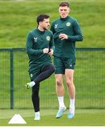 20 March 2023; Mikey Johnston, left, and Dara O'Shea during a Republic of Ireland training session at FAI National Training Centre in Abbotstown, Dublin. Photo by Stephen McCarthy/Sportsfile