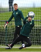 20 March 2023; Goalkeepers Caoimhin Kelleher, right, and Mark Travers during a Republic of Ireland training session at FAI National Training Centre in Abbotstown, Dublin. Photo by Stephen McCarthy/Sportsfile