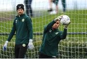20 March 2023; Goalkeepers Gavin Bazunu, right, and Caoimhin Kelleher during a Republic of Ireland training session at FAI National Training Centre in Abbotstown, Dublin. Photo by Stephen McCarthy/Sportsfile