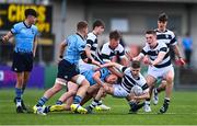 20 March 2023; Charlie Callaghan of Belvedere College is tackled by Haydn Gallagher of St Michael's College during the Bank of Ireland Leinster Rugby Schools Junior Cup semi-final replay match between Belvedere College and St Michael’s College at Energia Park in Dublin. Photo by Ben McShane/Sportsfile