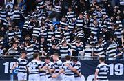 20 March 2023; Belvedere College players and supporters celebrate their first try during the Bank of Ireland Leinster Rugby Schools Junior Cup semi-final replay match between Belvedere College and St Michael’s College at Energia Park in Dublin. Photo by Ben McShane/Sportsfile