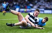 20 March 2023; Paul Dunne of Belvedere College scores his side's second try during the Bank of Ireland Leinster Rugby Schools Junior Cup semi-final replay match between Belvedere College and St Michael’s College at Energia Park in Dublin. Photo by Ben McShane/Sportsfile