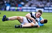 20 March 2023; Paul Dunne of Belvedere College scores his side's second try during the Bank of Ireland Leinster Rugby Schools Junior Cup semi-final replay match between Belvedere College and St Michael’s College at Energia Park in Dublin. Photo by Ben McShane/Sportsfile