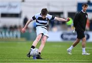 20 March 2023; Jonny Garrihy of Belvedere College kicks a conversion during the Bank of Ireland Leinster Rugby Schools Junior Cup semi-final replay match between Belvedere College and St Michael’s College at Energia Park in Dublin. Photo by Ben McShane/Sportsfile