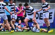 20 March 2023; Matthew Haugh of St Michael's College celebrates after scoring his side's second try during the Bank of Ireland Leinster Rugby Schools Junior Cup semi-final replay match between Belvedere College and St Michael’s College at Energia Park in Dublin. Photo by Ben McShane/Sportsfile