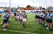 20 March 2023; St Michael's College players perform a guard of honour for the Belvedere College players, lead by Alex Clarke, centre, after the Bank of Ireland Leinster Rugby Schools Junior Cup semi-final replay match between Belvedere College and St Michael’s College at Energia Park in Dublin. Photo by Ben McShane/Sportsfile