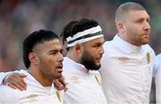 18 March 2023; England players, from left, Manu Tuilagi, Lewis Ludlam and Nick Isiekwe before the Guinness Six Nations Rugby Championship match between Ireland and England at Aviva Stadium in Dublin. Photo by Ramsey Cardy/Sportsfile