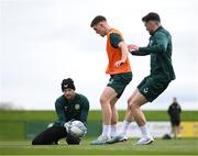 20 March 2023; Players, from left, goalkeeper Caoimhin Kelleher, Dara O'Shea and Troy Parrott during a Republic of Ireland training session at the FAI National Training Centre in Abbotstown, Dublin. Photo by Stephen McCarthy/Sportsfile