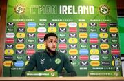 20 March 2023; Andrew Omobamidele during a Republic of Ireland press conference at FAI Headquarters in Abbotstown, Dublin. Photo by Stephen McCarthy/Sportsfile