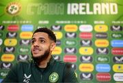 20 March 2023; Andrew Omobamidele during a Republic of Ireland press conference at FAI Headquarters in Abbotstown, Dublin. Photo by Stephen McCarthy/Sportsfile