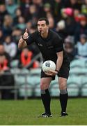 19 March 2023; Referee Sean Hurson throws the ball in for the start of the Allianz Football League Division 1 match between Donegal and Mayo at MacCumhaill Park in Ballybofey, Donegal. Photo by Ramsey Cardy/Sportsfile