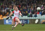 19 March 2023; Mayo goalkeeper Colm Reape kicks a free during the Allianz Football League Division 1 match between Donegal and Mayo at MacCumhaill Park in Ballybofey, Donegal. Photo by Ramsey Cardy/Sportsfile