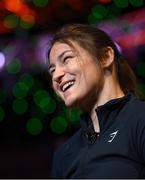 20 March 2023; Katie Taylor speaking to RTE before a media conference, held at the Mansion House in Dublin, ahead of her undisputed super lightweight championship fight with Chantelle Cameron, on May 20th at 3Arena in Dublin. Photo by David Fitzgerald/Sportsfile