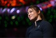 20 March 2023; Katie Taylor speaking to RTE before a media conference, held at the Mansion House in Dublin, ahead of her undisputed super lightweight championship fight with Chantelle Cameron, on May 20th at 3Arena in Dublin. Photo by David Fitzgerald/Sportsfile