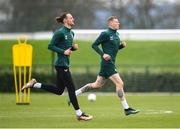 20 March 2023; James McClean, right, and Will Keane during a Republic of Ireland training session at the FAI National Training Centre in Abbotstown, Dublin. Photo by Stephen McCarthy/Sportsfile