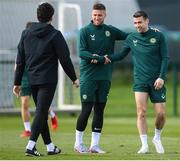 20 March 2023; Matt Doherty and Seamus Coleman, right, during a Republic of Ireland training session at the FAI National Training Centre in Abbotstown, Dublin. Photo by Stephen McCarthy/Sportsfile