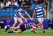 20 March 2023; Pearse Kelly of Terenure College in action against Bernard White of Blackrock College during the Bank of Ireland Leinster Rugby Schools Junior Cup semi-final replay match between Terenure College and Blackrock College at Energia Park in Dublin. Photo by Ben McShane/Sportsfile