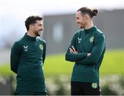20 March 2023; Mikey Johnston and Will Keane, right, during a Republic of Ireland training session at the FAI National Training Centre in Abbotstown, Dublin. Photo by Stephen McCarthy/Sportsfile