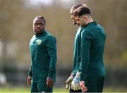 20 March 2023; Michael Obafemi, left, with goalkeeper Gavin Bazunu and Troy Parrott, right, during a Republic of Ireland training session at the FAI National Training Centre in Abbotstown, Dublin. Photo by Stephen McCarthy/Sportsfile